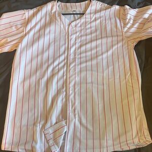 White and Red Striped Button-Up Shirt